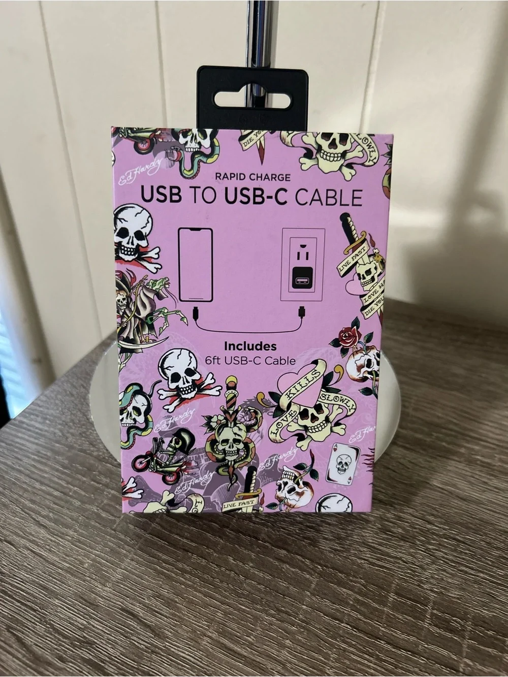 Ed Hardy USB to USB-C Cable in Pink Skull Print Packaging